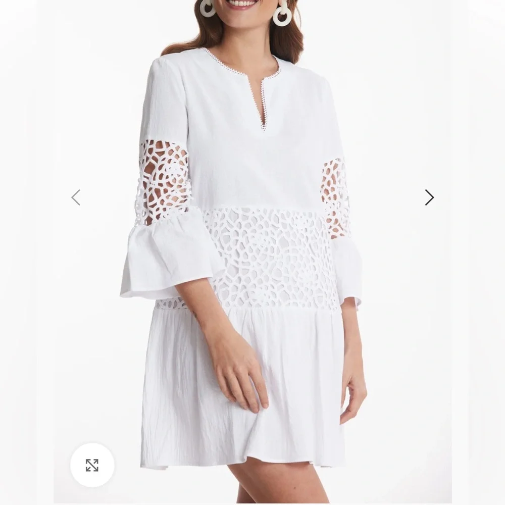 Tyler Boe Izzy Eyelet Topper Crochet Dress w Bell Sleeves Notch Neck White - Picture 15 of 15